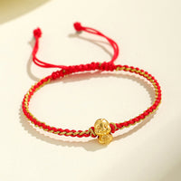 KarmaRipple's Handmade 999 Sterling Silver Golden Year Of Snake Fu Auspicious Clouds Ingot Bronze Coins Red String Fortune Woven Bracelet