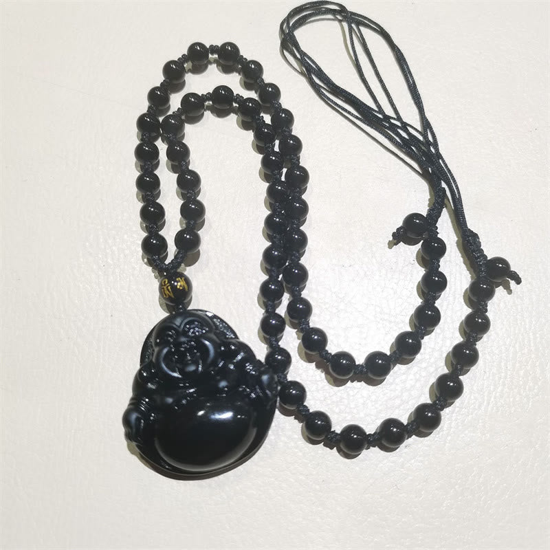 KarmaRipple's Authentic Black Obsidian Ice Obsidian Laughing Buddha Purification Pendant Necklace p15