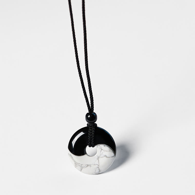 KarmaRipple's Authentic Black Obsidian Ivory Turquoise Yin Yang Peace Buckle Design Woven String Strength Pendant Necklace p13