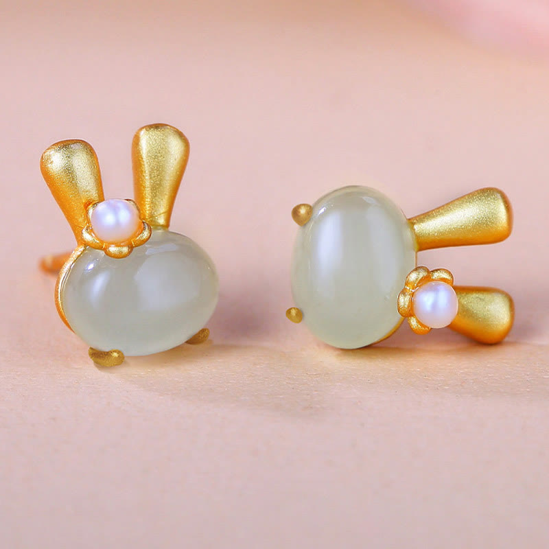 KarmaRipple's 925 Sterling Silver Authentic Hetian Jade Cute Rabbit Pearl Abundance Earrings p2