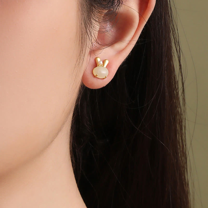 KarmaRipple's 925 Sterling Silver Authentic Hetian Jade Cute Rabbit Pearl Abundance Earrings p5