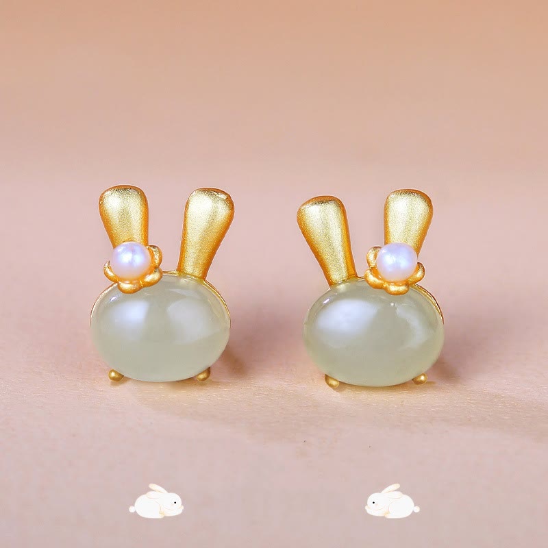 KarmaRipple's 925 Sterling Silver Authentic Hetian Jade Cute Rabbit Pearl Abundance Earrings p1