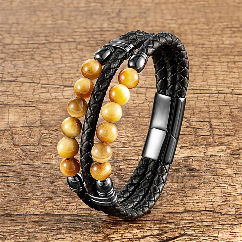 KarmaRipple's Tiger Eye Hematite Lava Rock Black Onyx Lazurite Beadwork Protection Strength Leather Bracelet p26