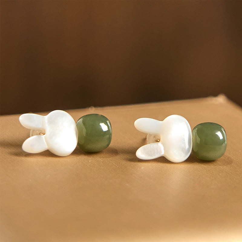 KarmaRipple's Tridacna Stone Cute Rabbit Hetian Jade Fortune Earrings p8