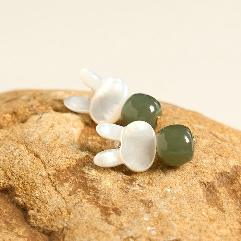 KarmaRipple's Tridacna Stone Cute Rabbit Hetian Jade Fortune Earrings p7