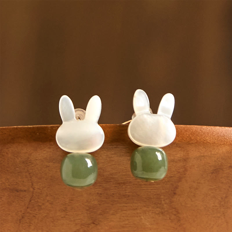 KarmaRipple's Tridacna Stone Cute Rabbit Hetian Jade Fortune Earrings p2
