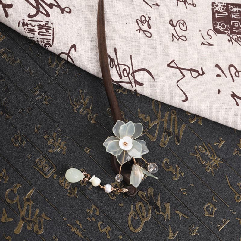 KarmaRipple's Ebony Jade Shell Magnolia Tassel Blessing Hairpin p3