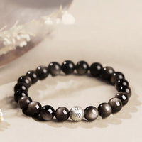 KarmaRipple's Authentic Silver Sheen Obsidian Om Mani Padme Hum Protection Bracelet
