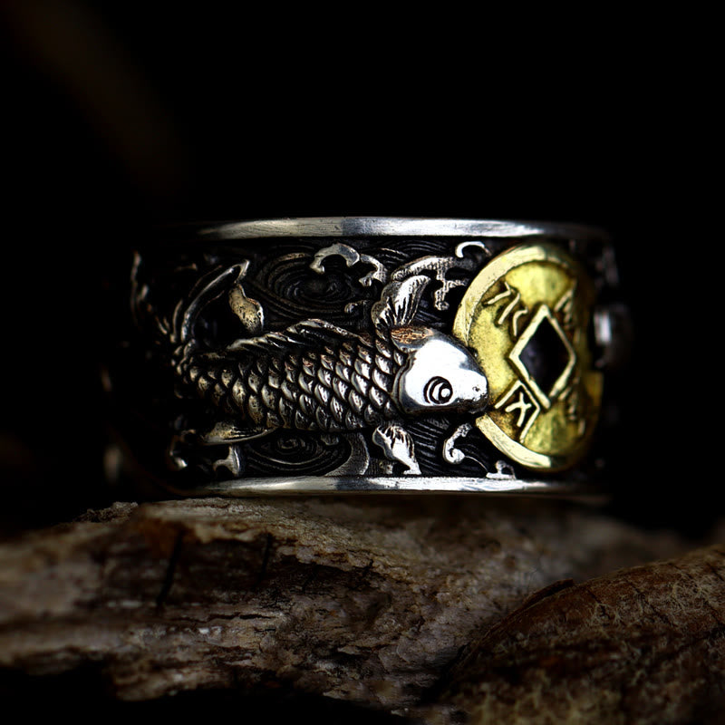 KarmaRipple's Adjustable Opening 925 Sterling Silver Fortunate Koi Fish Bronze Coin Auspicious Clouds Wealth Ring p2