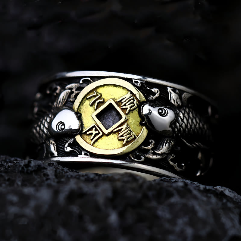 KarmaRipple's Adjustable Opening 925 Sterling Silver Fortunate Koi Fish Bronze Coin Auspicious Clouds Wealth Ring p20
