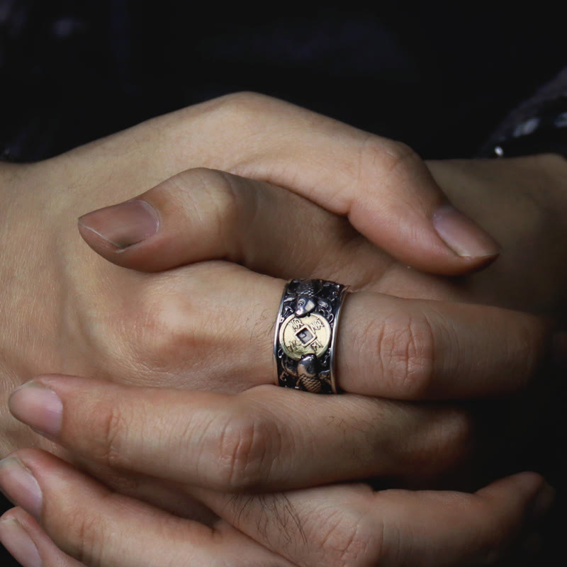 KarmaRipple's Adjustable Opening 925 Sterling Silver Fortunate Koi Fish Bronze Coin Auspicious Clouds Wealth Ring p18