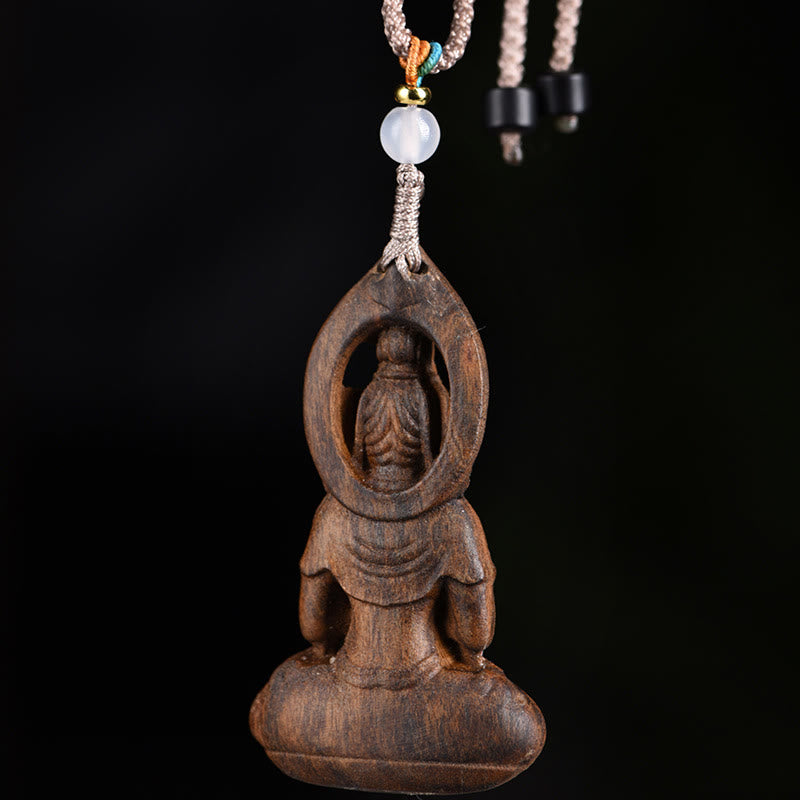 KarmaRipple's Qinan Agarwood Avalokitesvara Carved Peace Pendant Necklace p1