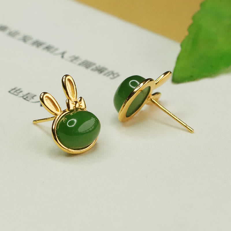 KarmaRipple's 925 Sterling Silver Hetian Cyan Jade Cute Rabbit Fortune Stud Earrings p3