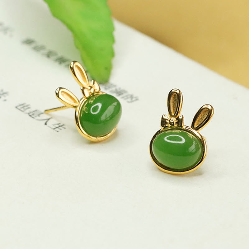 KarmaRipple's 925 Sterling Silver Hetian Cyan Jade Cute Rabbit Fortune Stud Earrings p6
