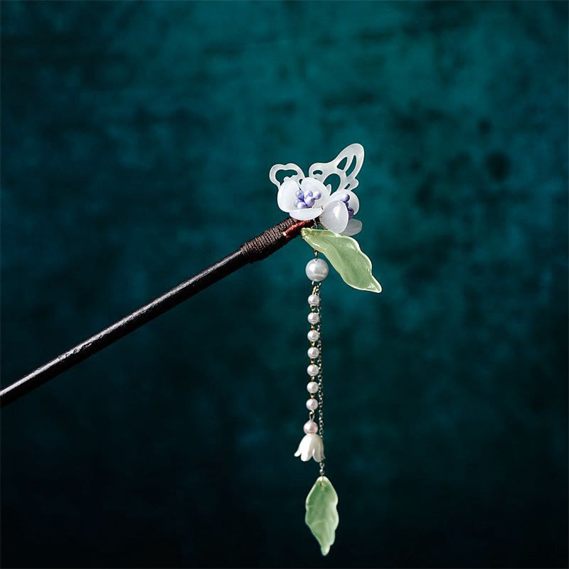 KarmaRipple's Pearl Flower Leaf Butterfly Happiness Hairpin p15