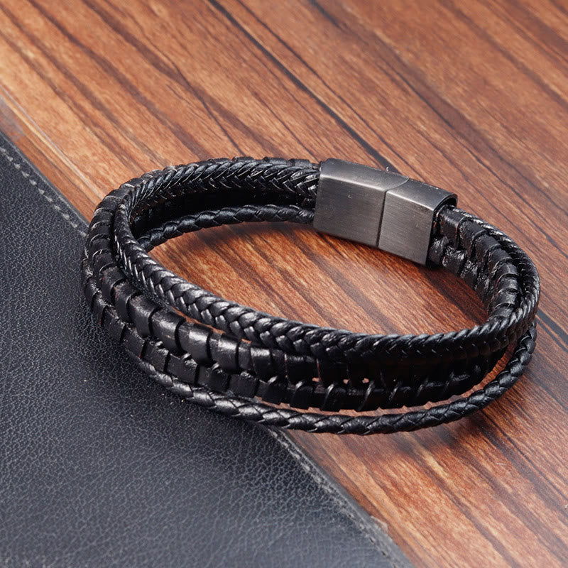 KarmaRipple's Simple Woven Pattern Titanium Steel Strengthen Multi-layer Leather Buckle Bracelet p6