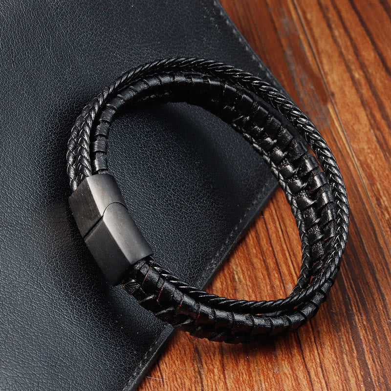 KarmaRipple's Simple Woven Pattern Titanium Steel Strengthen Multi-layer Leather Buckle Bracelet p4