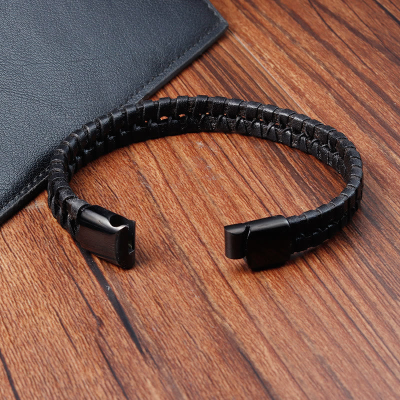 KarmaRipple's Simple Woven Pattern Titanium Steel Strengthen Multi-layer Leather Buckle Bracelet p13