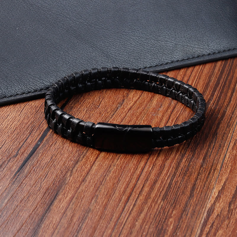 KarmaRipple's Simple Woven Pattern Titanium Steel Strengthen Multi-layer Leather Buckle Bracelet p12