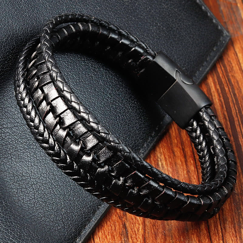 KarmaRipple's Simple Woven Pattern Titanium Steel Strengthen Multi-layer Leather Buckle Bracelet p3