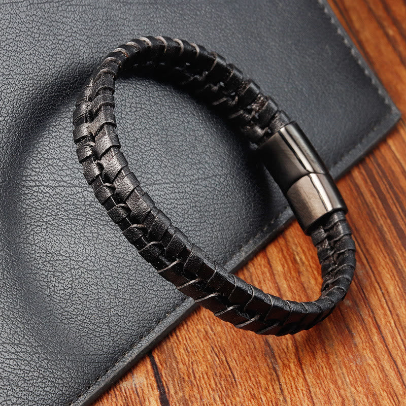 KarmaRipple's Simple Woven Pattern Titanium Steel Strengthen Multi-layer Leather Buckle Bracelet p11