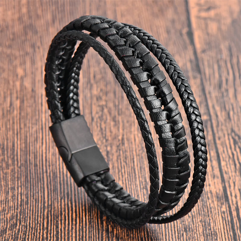 KarmaRipple's Simple Woven Pattern Titanium Steel Strengthen Multi-layer Leather Buckle Bracelet p17