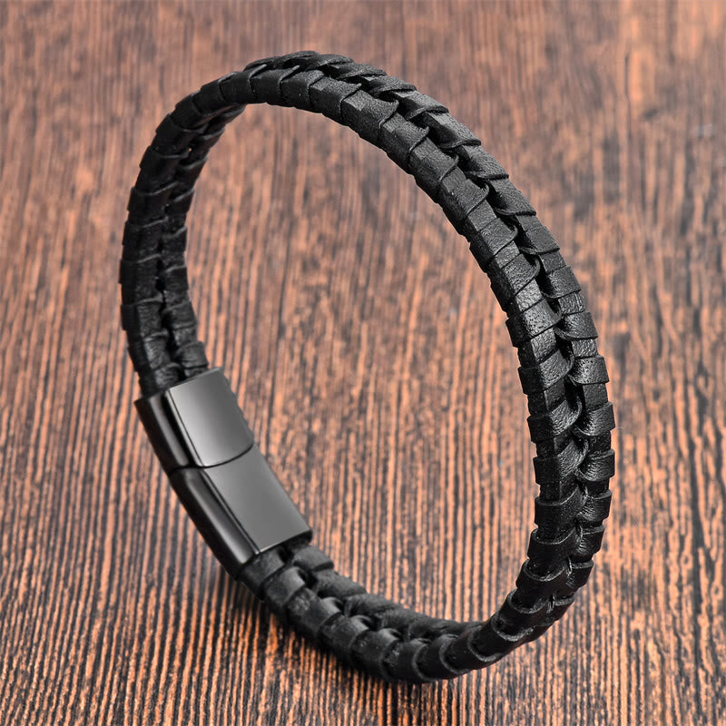 KarmaRipple's Simple Woven Pattern Titanium Steel Strengthen Multi-layer Leather Buckle Bracelet p2