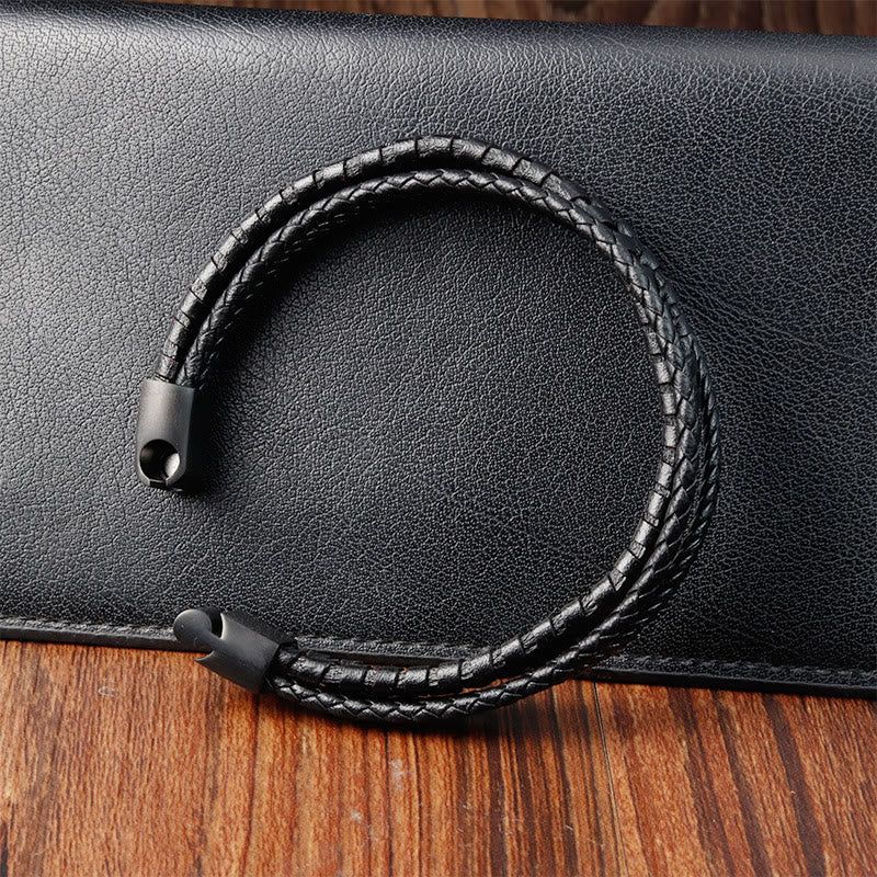 KarmaRipple's Simple Woven Pattern Titanium Steel Strengthen Multi-layer Leather Buckle Bracelet p5