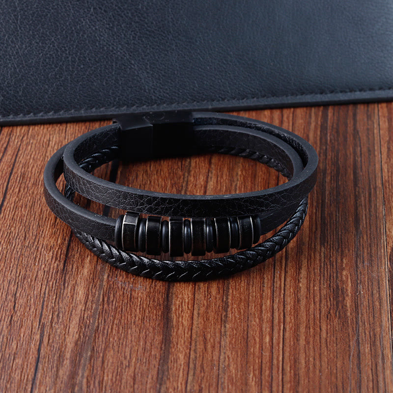 KarmaRipple's Simple Titanium Steel Woven Three-layer Leather Buckle Calm Bracelet p5