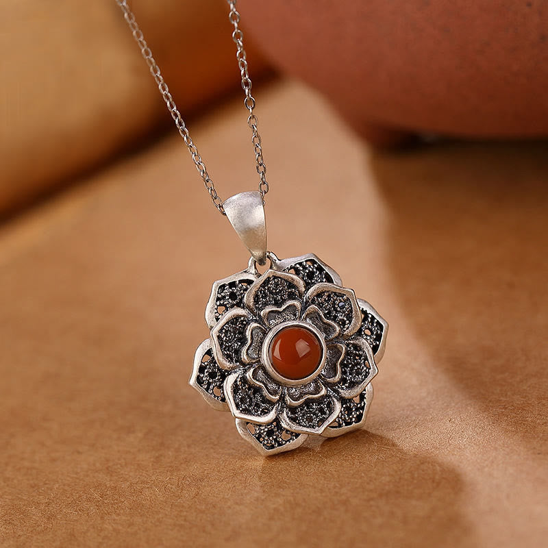 KarmaRipple's Tibetan Om Mani Padme Hum Lotus Pattern Red Agate Bronze Peace Pendant Necklace p2