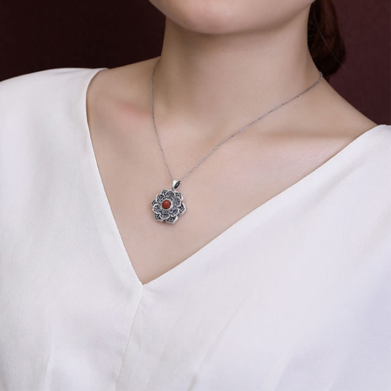 KarmaRipple's Tibetan Om Mani Padme Hum Lotus Pattern Red Agate Bronze Peace Pendant Necklace p5