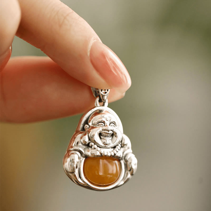 KarmaRipple's Bronze Laughing Buddha Pattern Amber Fortune Pendant Necklace p1