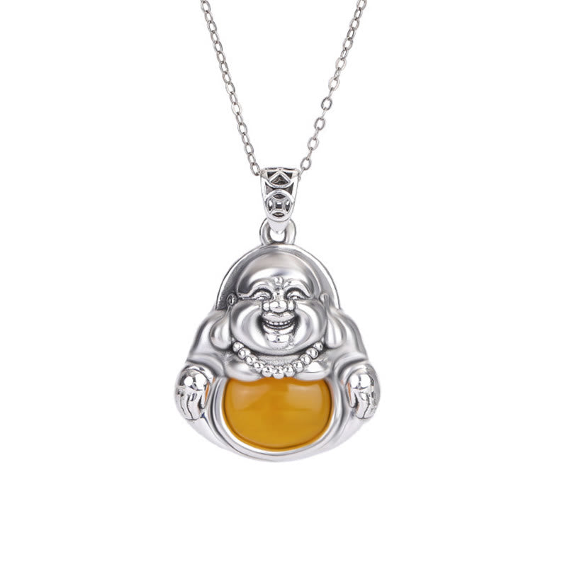 KarmaRipple's Bronze Laughing Buddha Pattern Amber Fortune Pendant Necklace p3