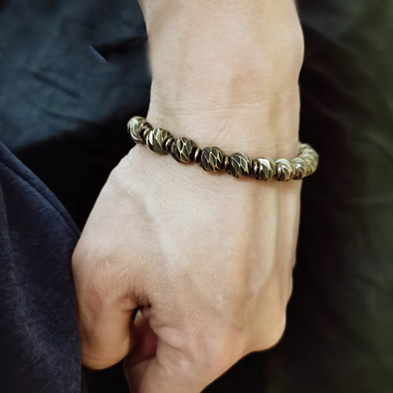 KarmaRipple's Vintage Distressed Knife Carving Pattern Bronze Brass Beadwork Wealth Bracelet p12