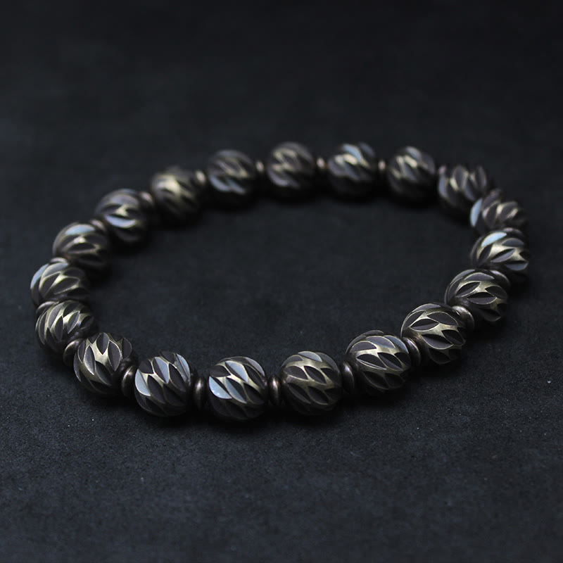 KarmaRipple's Vintage Distressed Knife Carving Pattern Bronze Brass Beadwork Wealth Bracelet p28