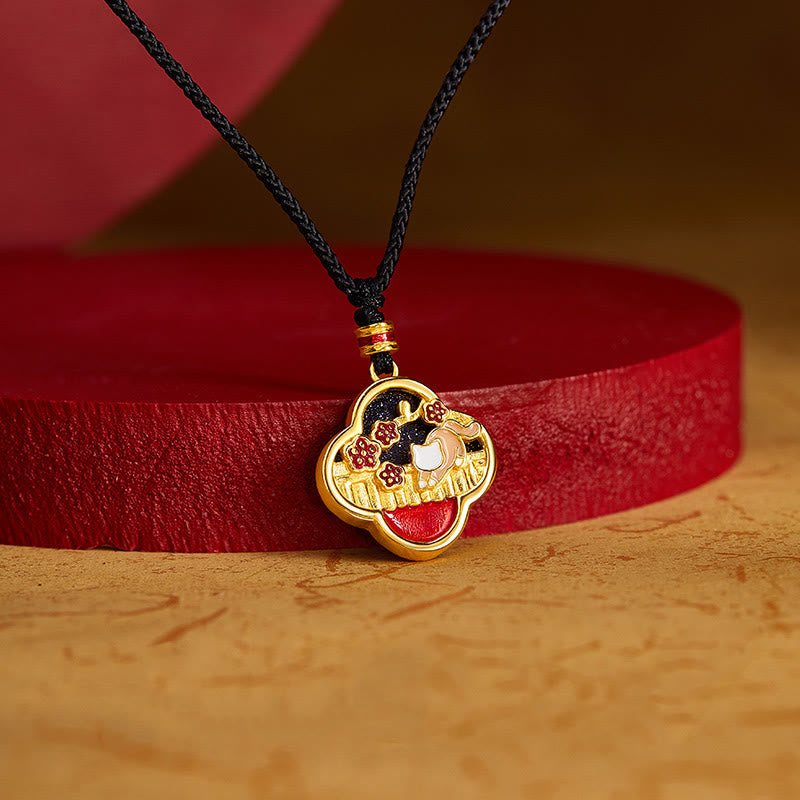 KarmaRipple's 925 Sterling Silver Plum Blossom Cat Four Leaf Clover Blessing Pendant Necklace p3