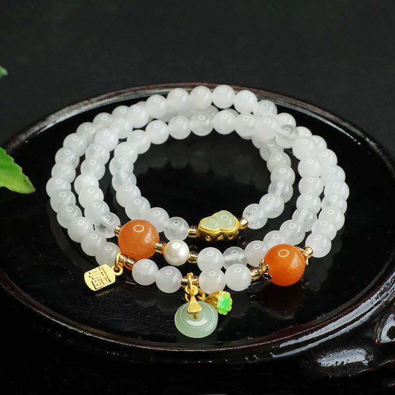KarmaRipple's Authentic Ivory Jade Multi-layer Gourd Peace Buckle Fu Character Fortune Bracelet p1