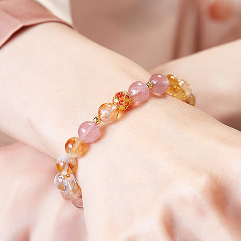 KarmaRipple's 999 Sterling Silver Citrine Strawberry Quartz Ivory Gemstone Protection Bracelet p9