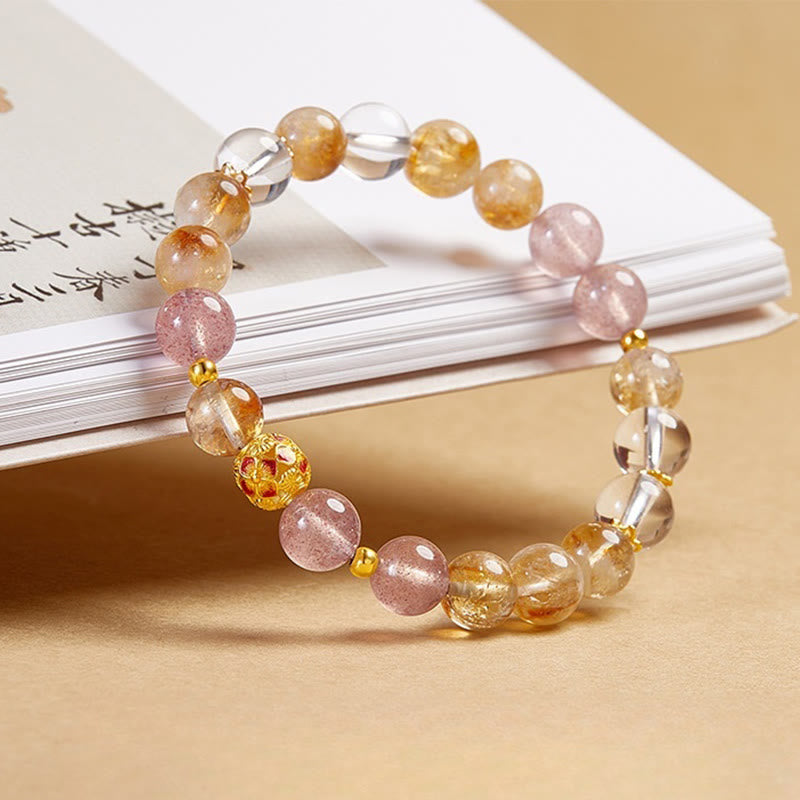 KarmaRipple's 999 Sterling Silver Citrine Strawberry Quartz Ivory Gemstone Protection Bracelet p2
