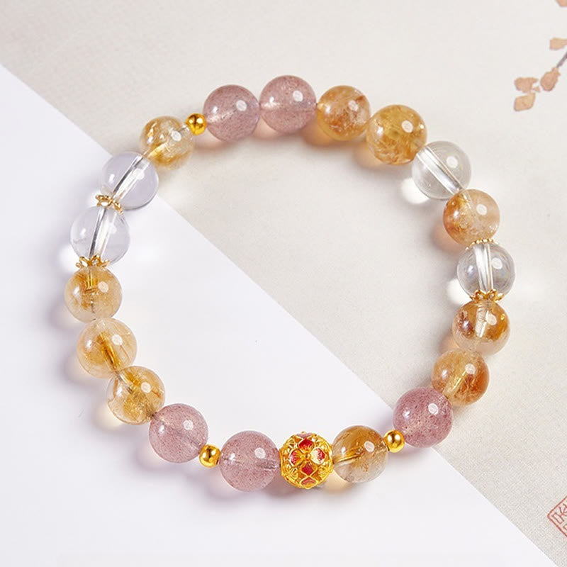 KarmaRipple's 999 Sterling Silver Citrine Strawberry Quartz Ivory Gemstone Protection Bracelet p3