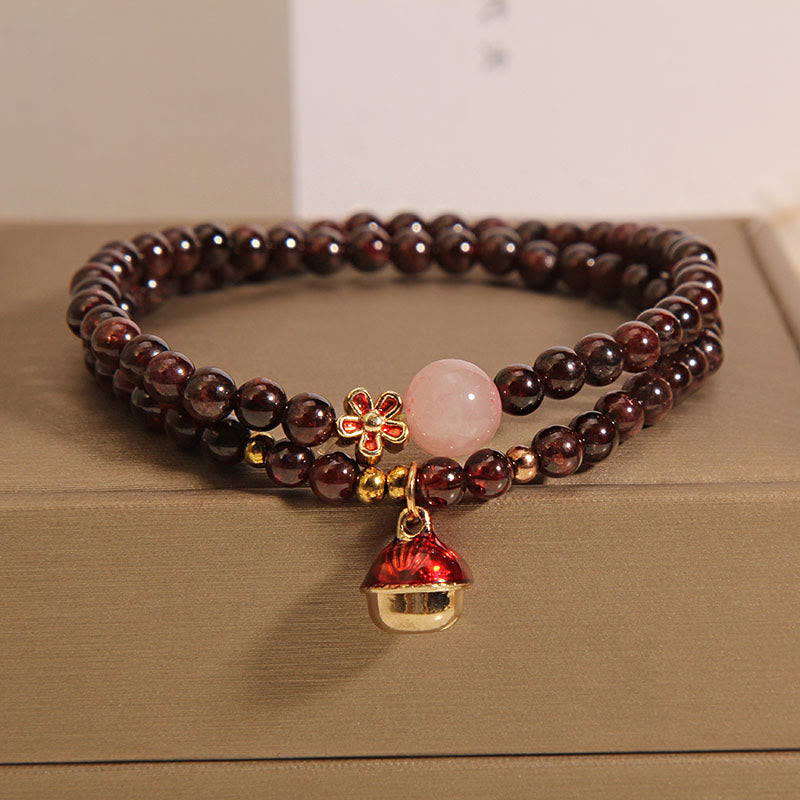 KarmaRipple's Authentic 3mm Ultra-thin Garnet Rose Quartz Beadwork Money Bag Bell Flower Protection Bracelet p13