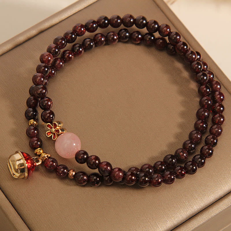 KarmaRipple's Authentic 3mm Ultra-thin Garnet Rose Quartz Beadwork Money Bag Bell Flower Protection Bracelet p11