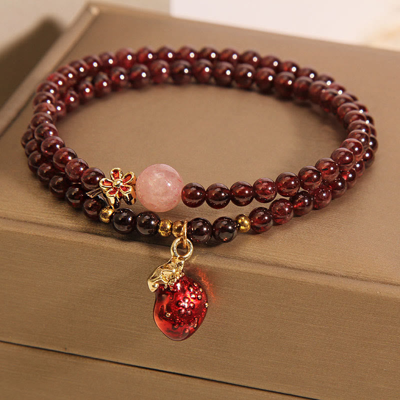 KarmaRipple's Authentic 3mm Ultra-thin Garnet Rose Quartz Beadwork Money Bag Bell Flower Protection Bracelet p3