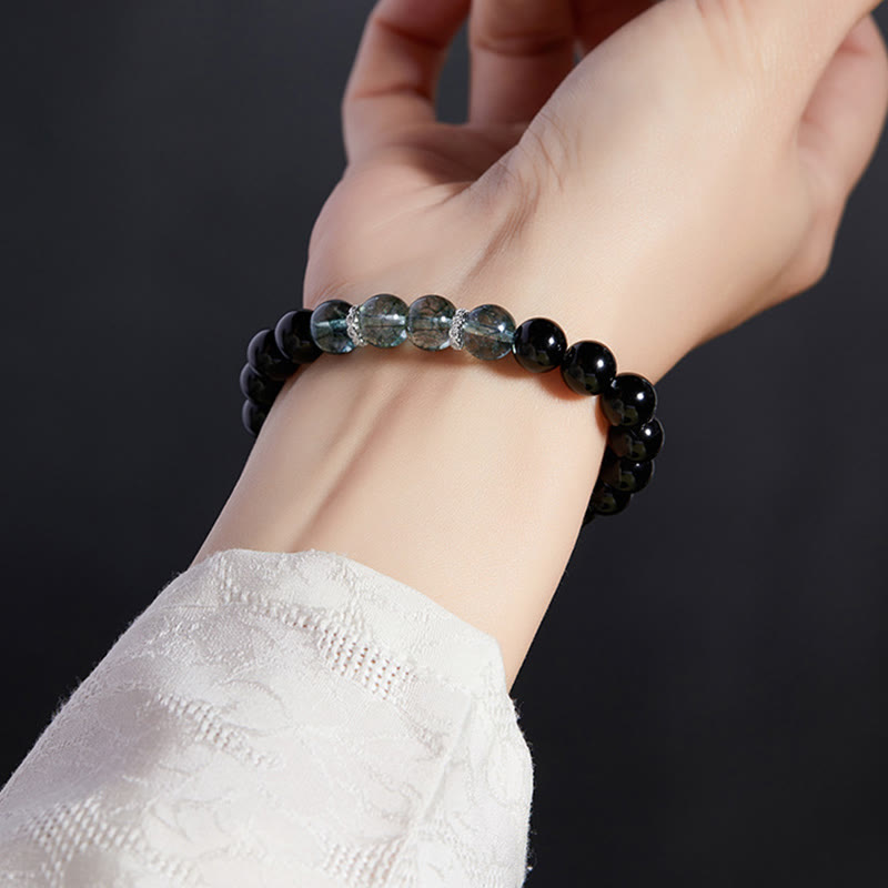 KarmaRipple's 925 Sterling Silver Black Obsidian Green Phantom Strength Bracelet p5