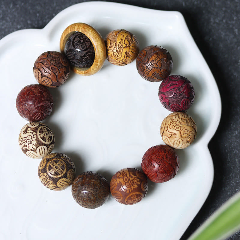 KarmaRipple's Carving Sandalwood Chinese Zodiac Auspicious Dragon Phoenix Fu Character Balancing Bracelet p21