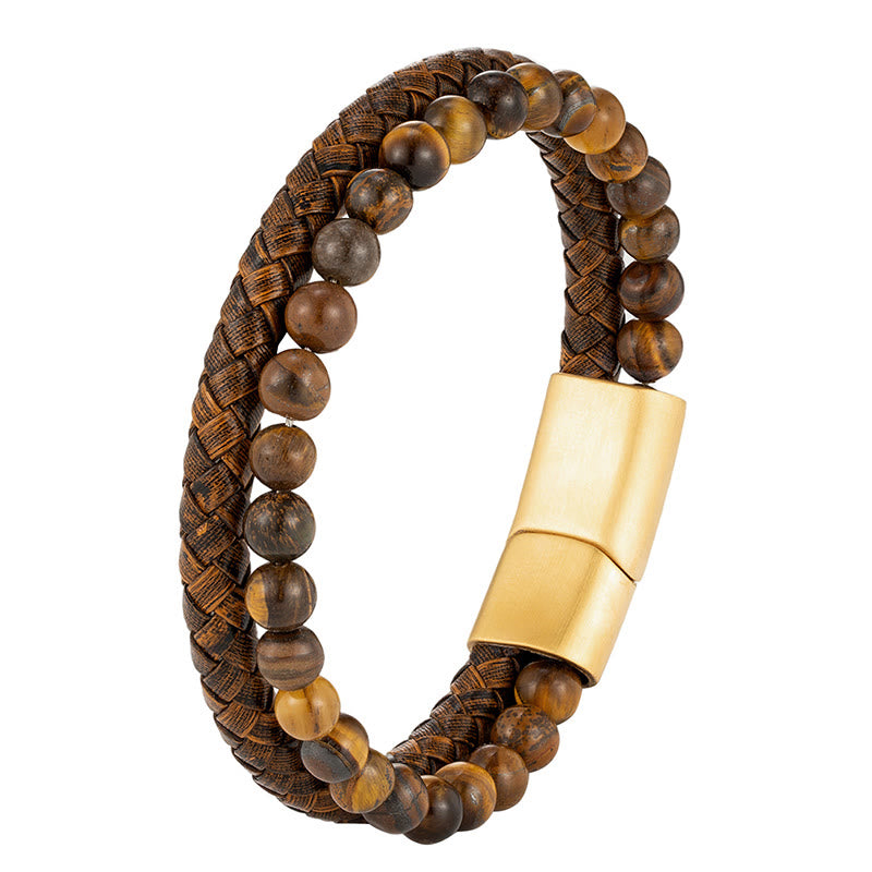 KarmaRipple's Multi-layer Woven Tiger Eye Stone Beadwork Leather Titanium Steel Strength Buckle Bracelet p5