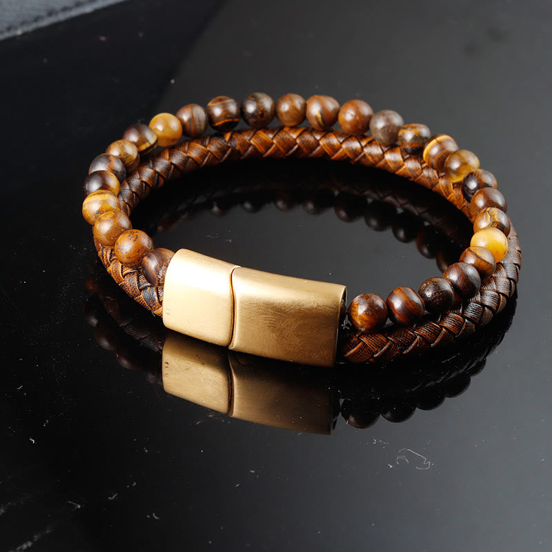 KarmaRipple's Multi-layer Woven Tiger Eye Stone Beadwork Leather Titanium Steel Strength Buckle Bracelet p2