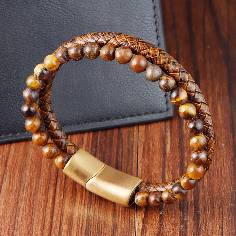 KarmaRipple's Multi-layer Woven Tiger Eye Stone Beadwork Leather Titanium Steel Strength Buckle Bracelet p4