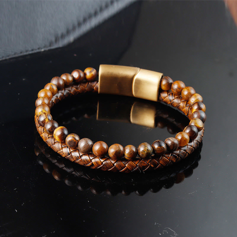 KarmaRipple's Multi-layer Woven Tiger Eye Stone Beadwork Leather Titanium Steel Strength Buckle Bracelet p10