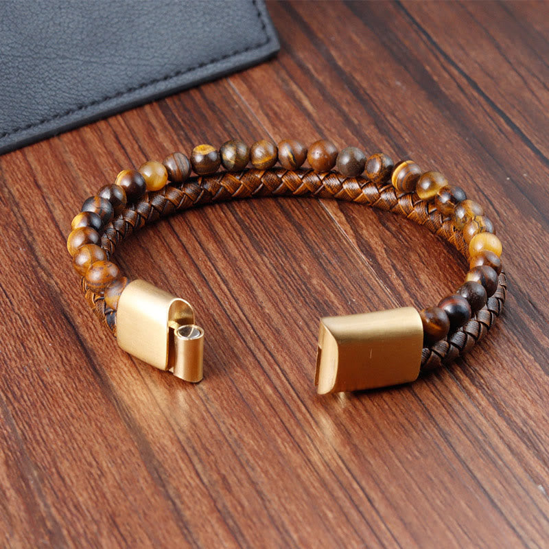 KarmaRipple's Multi-layer Woven Tiger Eye Stone Beadwork Leather Titanium Steel Strength Buckle Bracelet p6